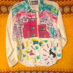 Southwest hand painted blouse with cactus and dog